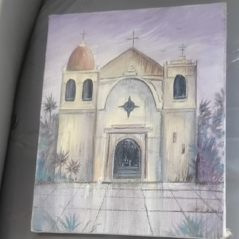 Serene Church Landscape Canvas Art in Cream and Purple